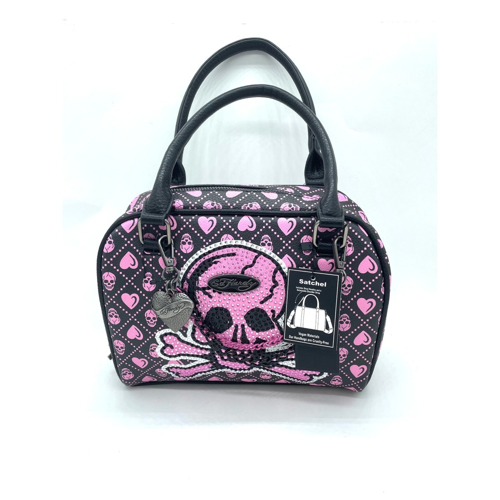 Ed Hardy Pink Black Skull Rhinestone Satchel Bag Vegan Leather Heart Charm NWT